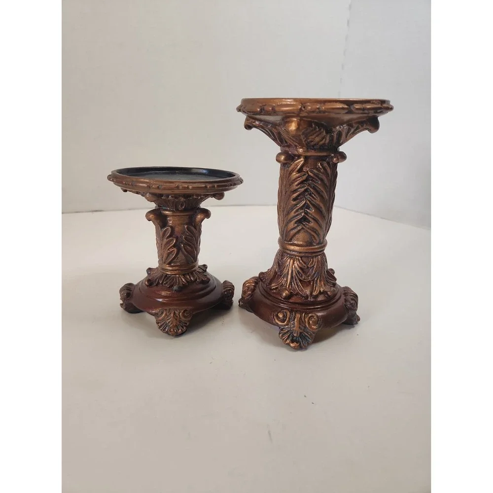 Vtg '03 Goldtone Baroque Pillar Candle Holder Pedestals Staggered Set of 2 Resin